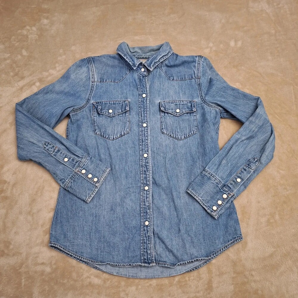 J Crew Shirt Womens 6 Blue Denim Snap Front Long Sleeve Western Yoke Casual
